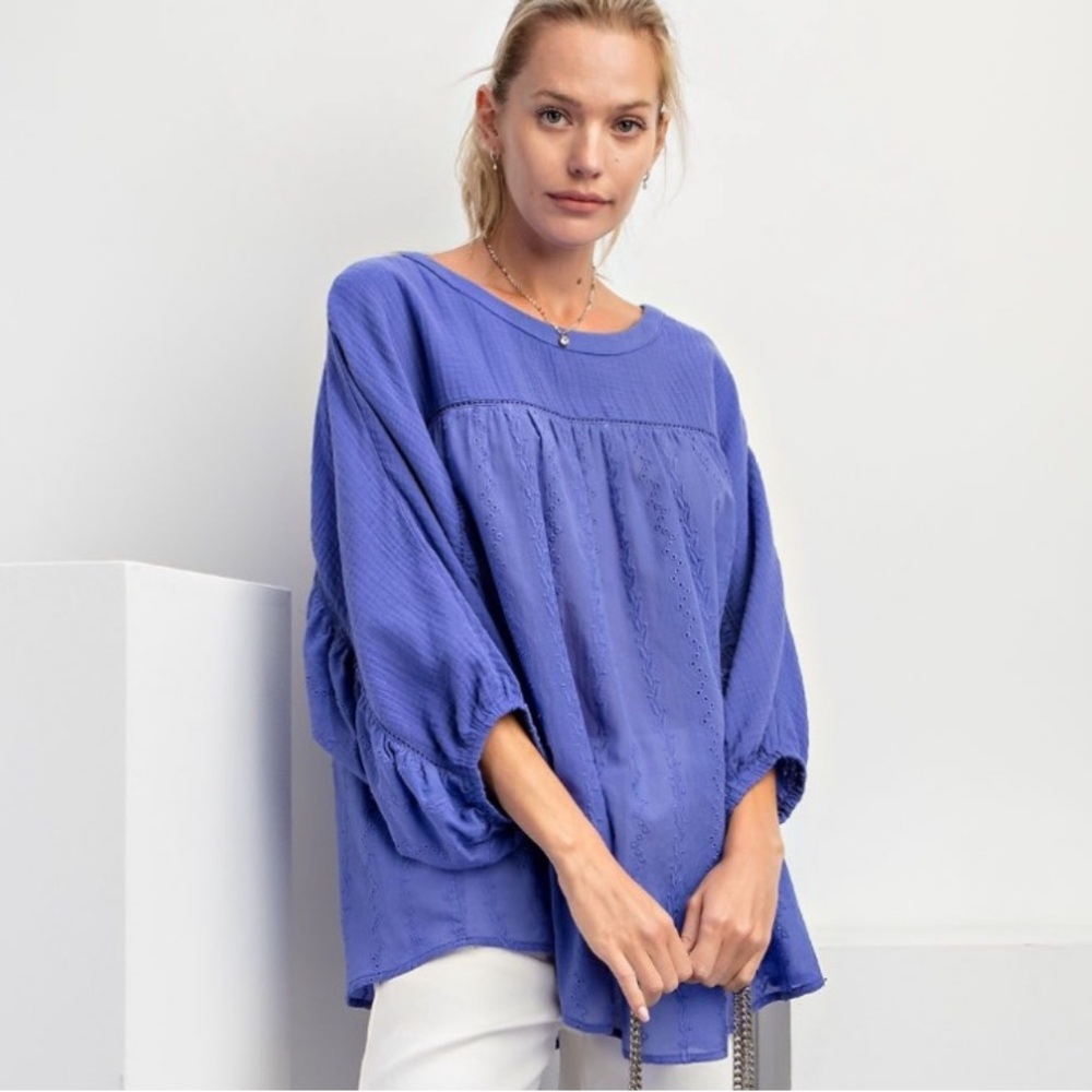 Relaxed Eyelet Peasant Top in Periwinkle Blue - Picture 4 of 5